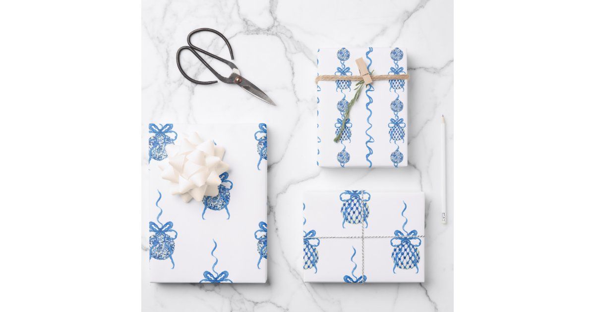 Watercolor Blue Chinoiserie Ornaments Christmas Wrapping Paper Sheets | Zazzle