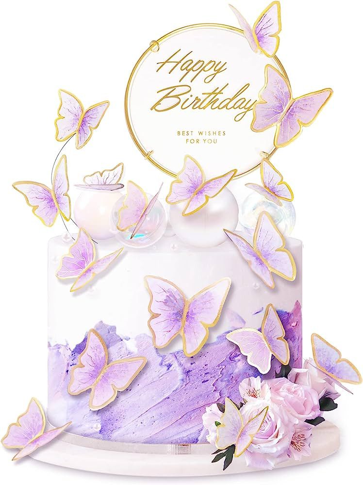 11-Pieces Purple Gold Butterfly Cake Toppers Happy Birthday Metal Gold Happy Birthday Cake Topper... | Amazon (US)