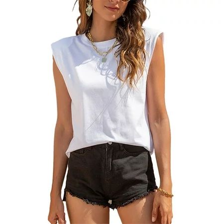 UKAP Women Summer Crew Neck Tees Shoulder Pad Sleeveless Tanks Top Fashion Loose Casual Cotton T-Shi | Walmart (US)