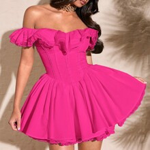 Summer Sexy Sweet Off Shoulder Lace Solid Color Ruffled Chest Lace Edge Sweet Puff Women Dress | SHEIN
