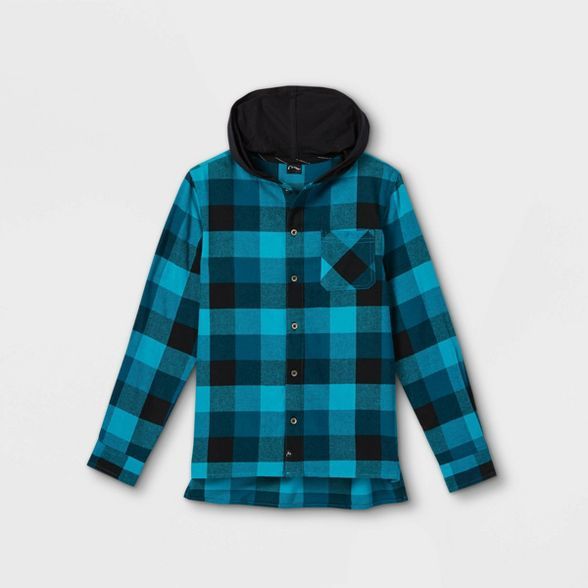 Boys' Flannel Hooded Long Sleeve Button-Down Shirt - art class™ Aqua/Navy | Target