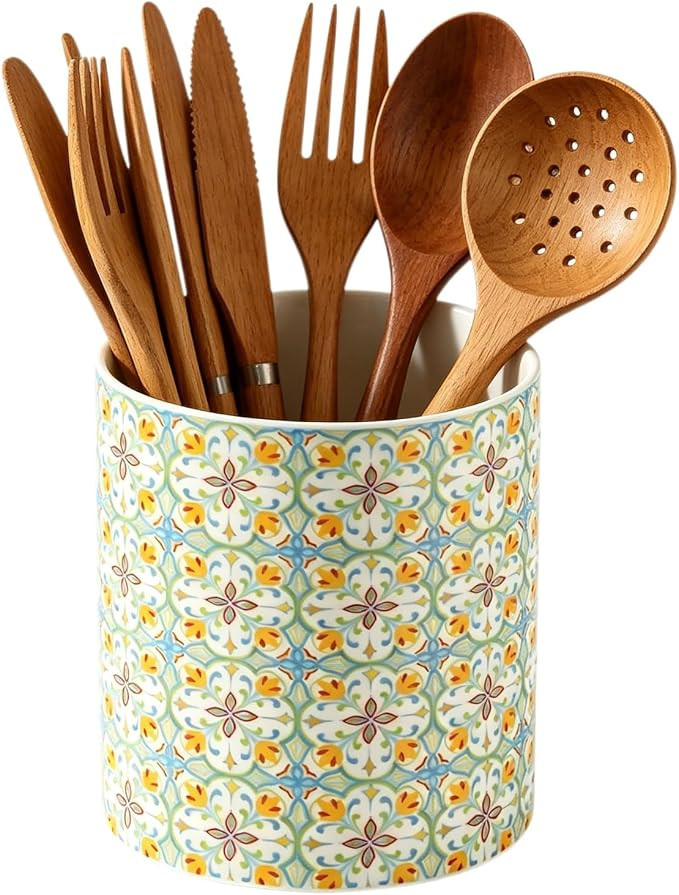 Kitchen Ceramic Utensil Holder Rustic, Floral Utensil Crock for Countertop, Embossed Pattern with... | Amazon (US)