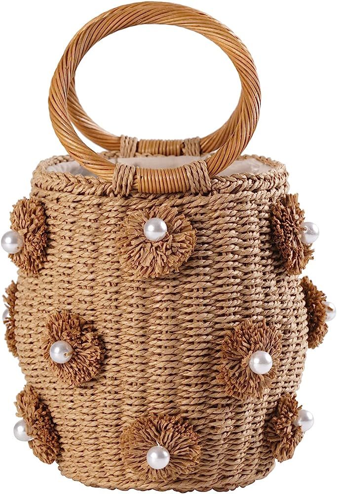 JBRUN Pearl Flower Straw Woven Tote Bag Summer Beach Rattan Handle Bucket Bag Straw Purses and Ha... | Amazon (US)