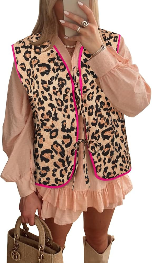 Tankaneo Womens Puffer Vest Sleeveless Leopard Print Tie Front Tops Quilted Gilet Jacket Coat Out... | Amazon (US)