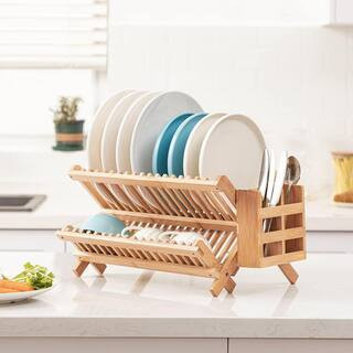 Natural Bamboo Folding 2-Tier Dish Rack with Utensil Holder, Collapsible Drainer Drying Rack for Kitchen | The Home Depot