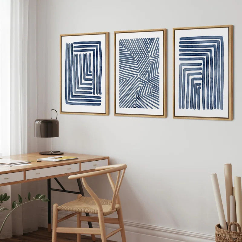 Geometric Line " Navy Blue Stripe Polygon Pattern Collage Boho " 3 - Pieces | Wayfair North America