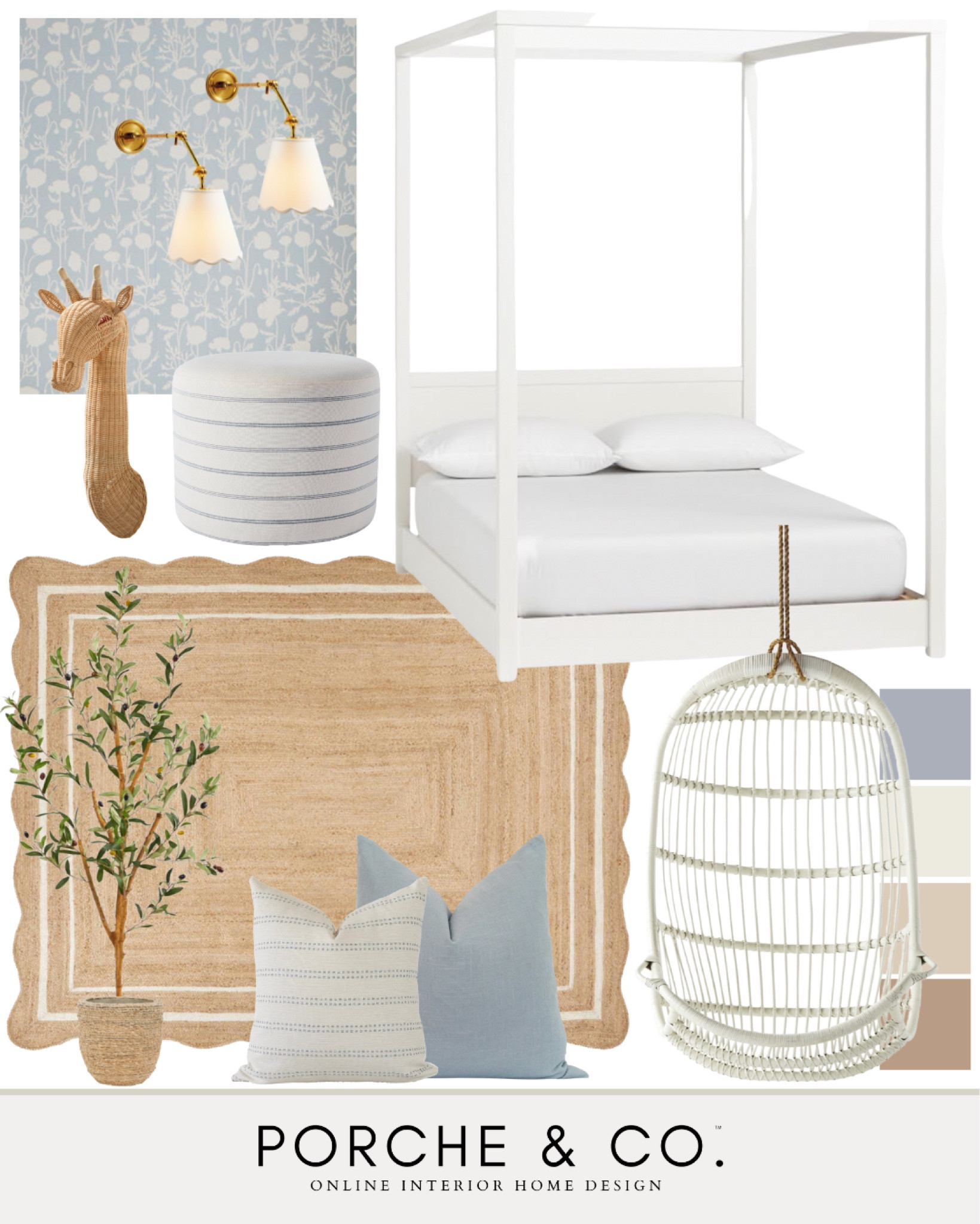 Girls bedroom mood board, girls bedroom decor, canopy bed, teen girl bedroom, little girls bedroom, bedroom inspo, scallop rug, blue wallpaper, floral wallpaper, hanging chair #girlsbedroom #moodboard 

#LTKstyletip #LTKhome #LTKsalealert