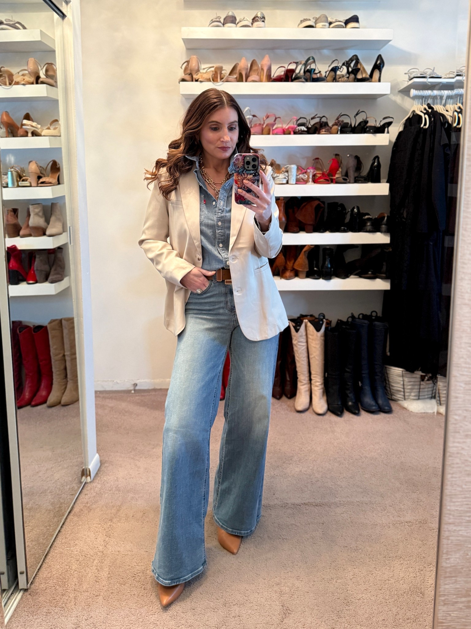 What I wore to work today, how to style denim and a blazer for the office, workwear outfit, casual outfit, off white blazer, Levi’s denim button down shirt, Target wide leg jeans, gold jewelry, easy outfit 



#LTKOver40 #LTKWorkwear #LTKootd