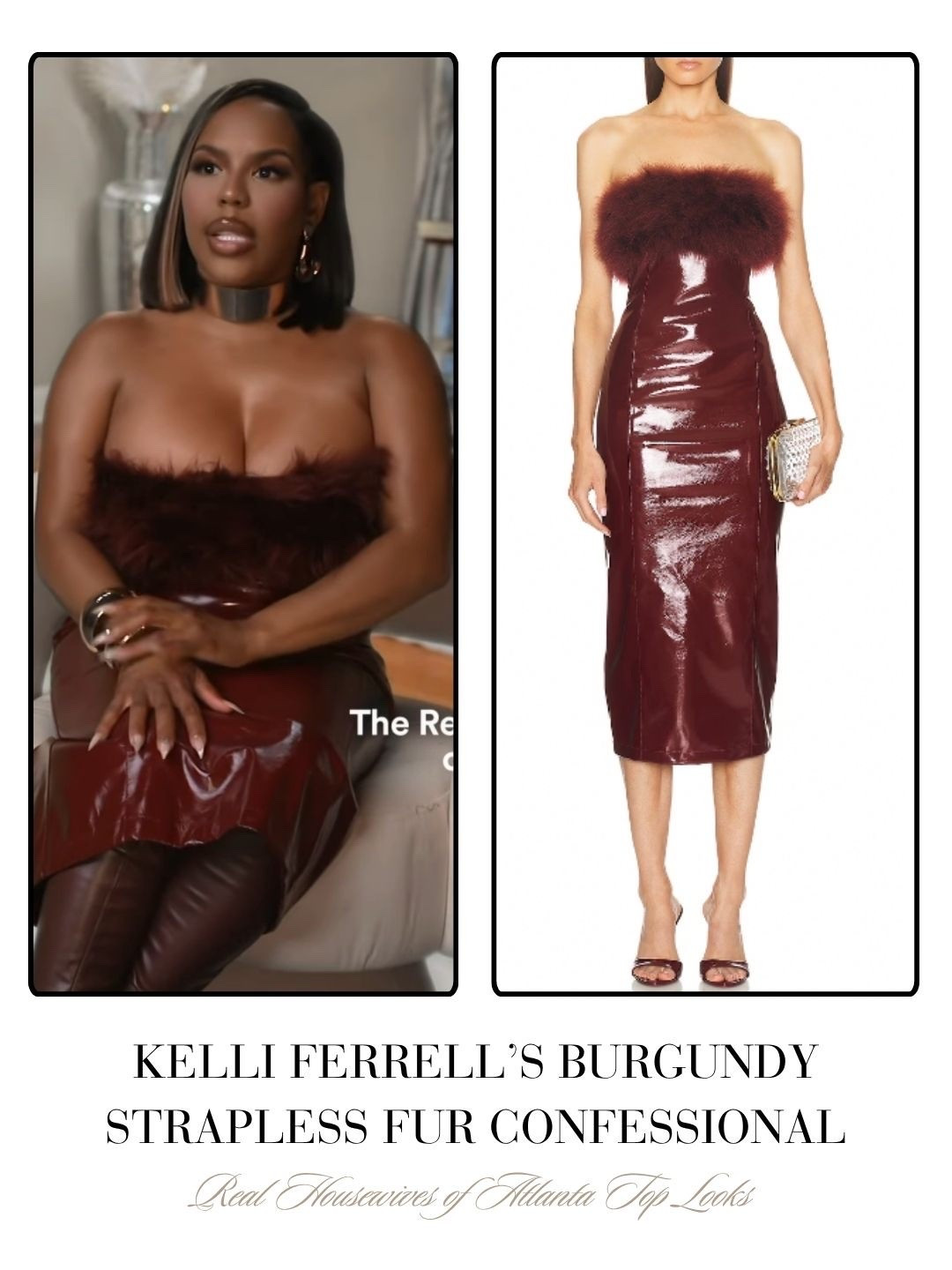 Kelli Ferrell’s Burgundy Strapless Fur Confessional