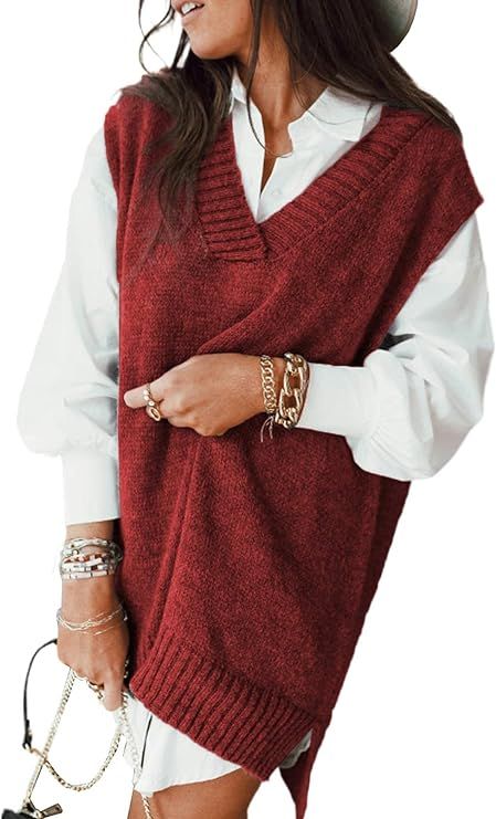 HOTAPEI Sweater Vest Women Oversized V Neck Sleeveless Sweaters Womens Cable Knit Tops | Amazon (US)