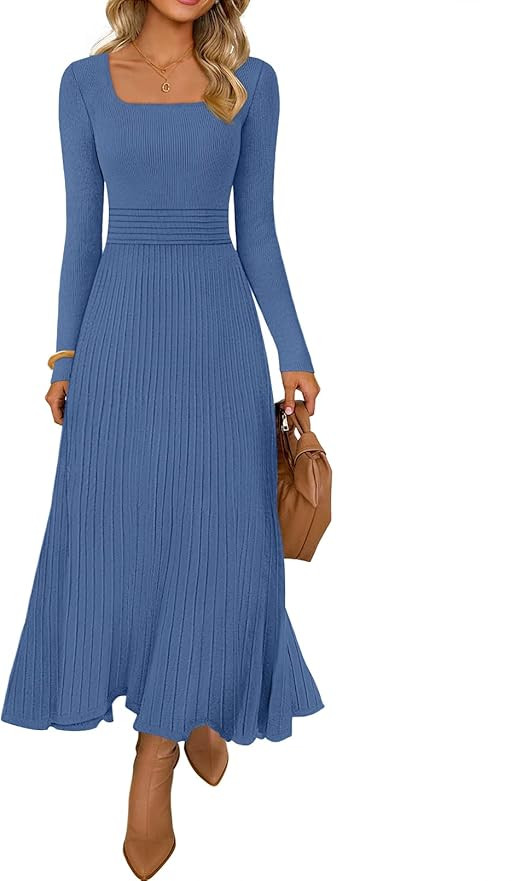 MEROKEETY Women's Sweater Dress 2025 Fall Winter Casual Long Sleeve Square Neck Pleated Church Wo... | Amazon (US)