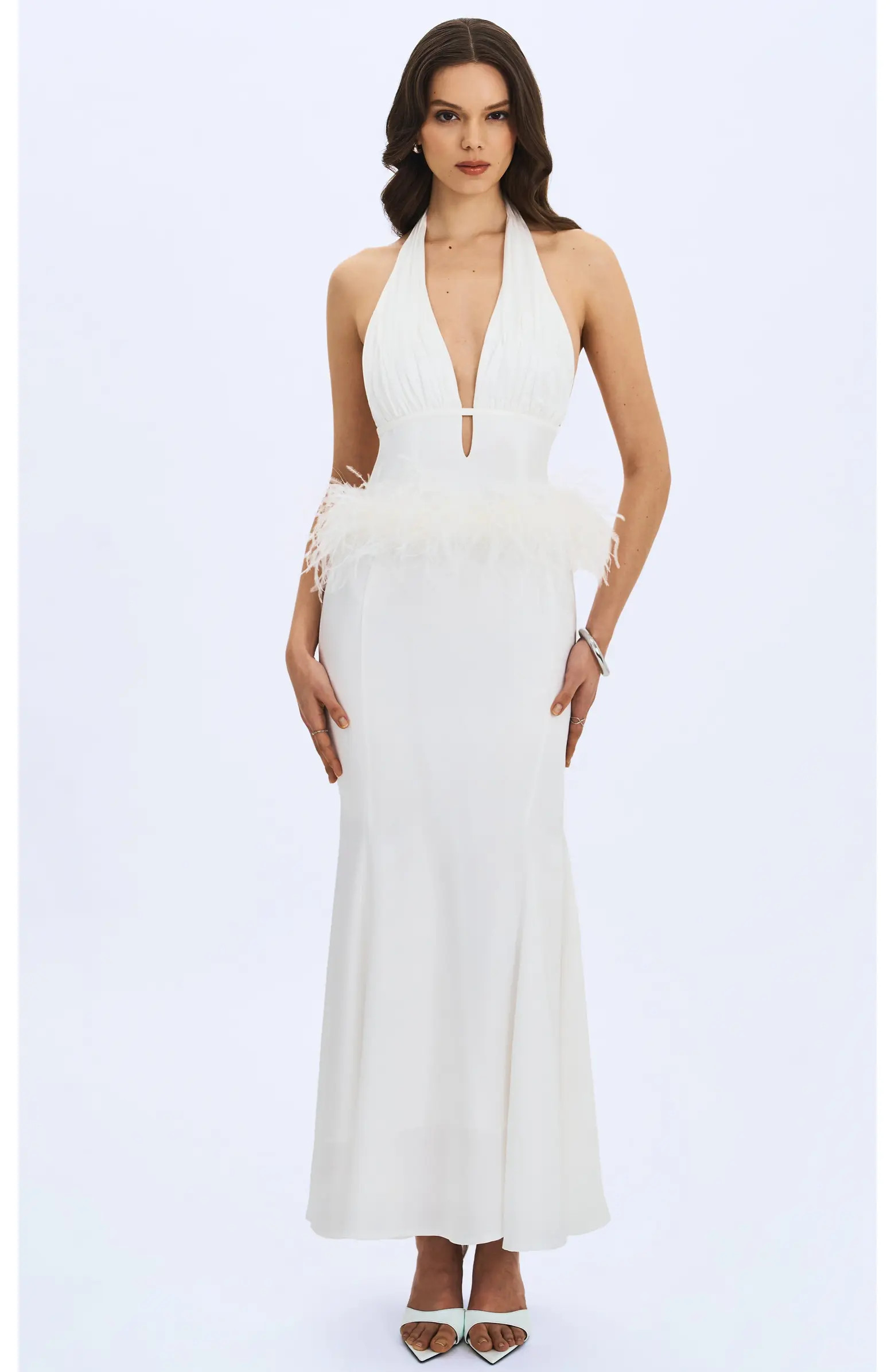 Solene Pleated Halter Backless Faux Feather Trim Maxi Dress | Nordstrom