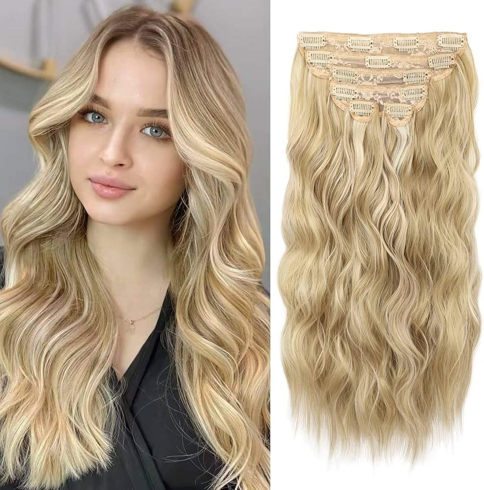 Clip in Hair Extension 20 Inch 6PCS Dark Golden Mix Beige Blonde Highlights Long Wavy Hairpieces ... | Amazon (US)