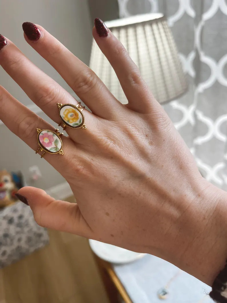 The Franchesca, Porcelain Ring, Floral, Had Cut, Hand Painted, Adjustable Ring, All Sizes, Gold, ... | Etsy (US)