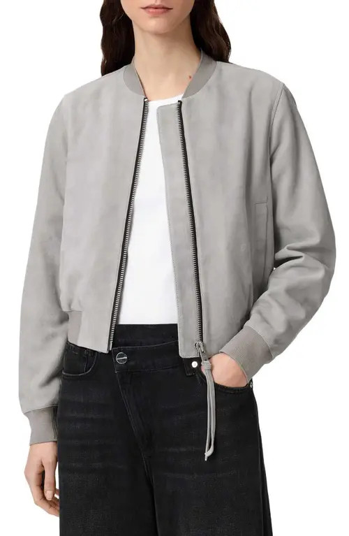 AllSaints Orten Suede Bomber Jacket in Light Grey at Nordstrom, Size 4 | Nordstrom