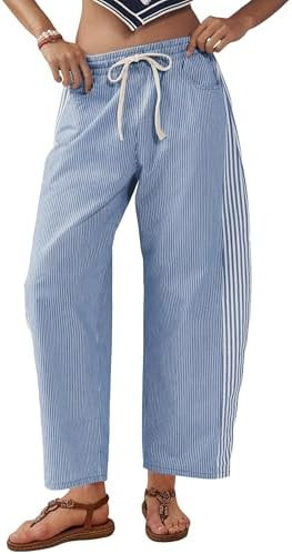 Women's Baggy Wide Leg Jeans Mid Rise Barrel Denim Ankle Pants Casual Striped Pull On Drawstring ... | Amazon (US)