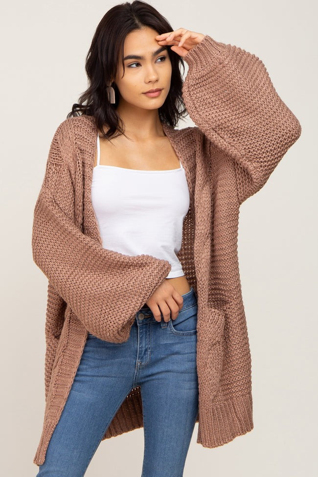 Brown Cable Knit Front Pocket Cardigan | PinkBlush Maternity