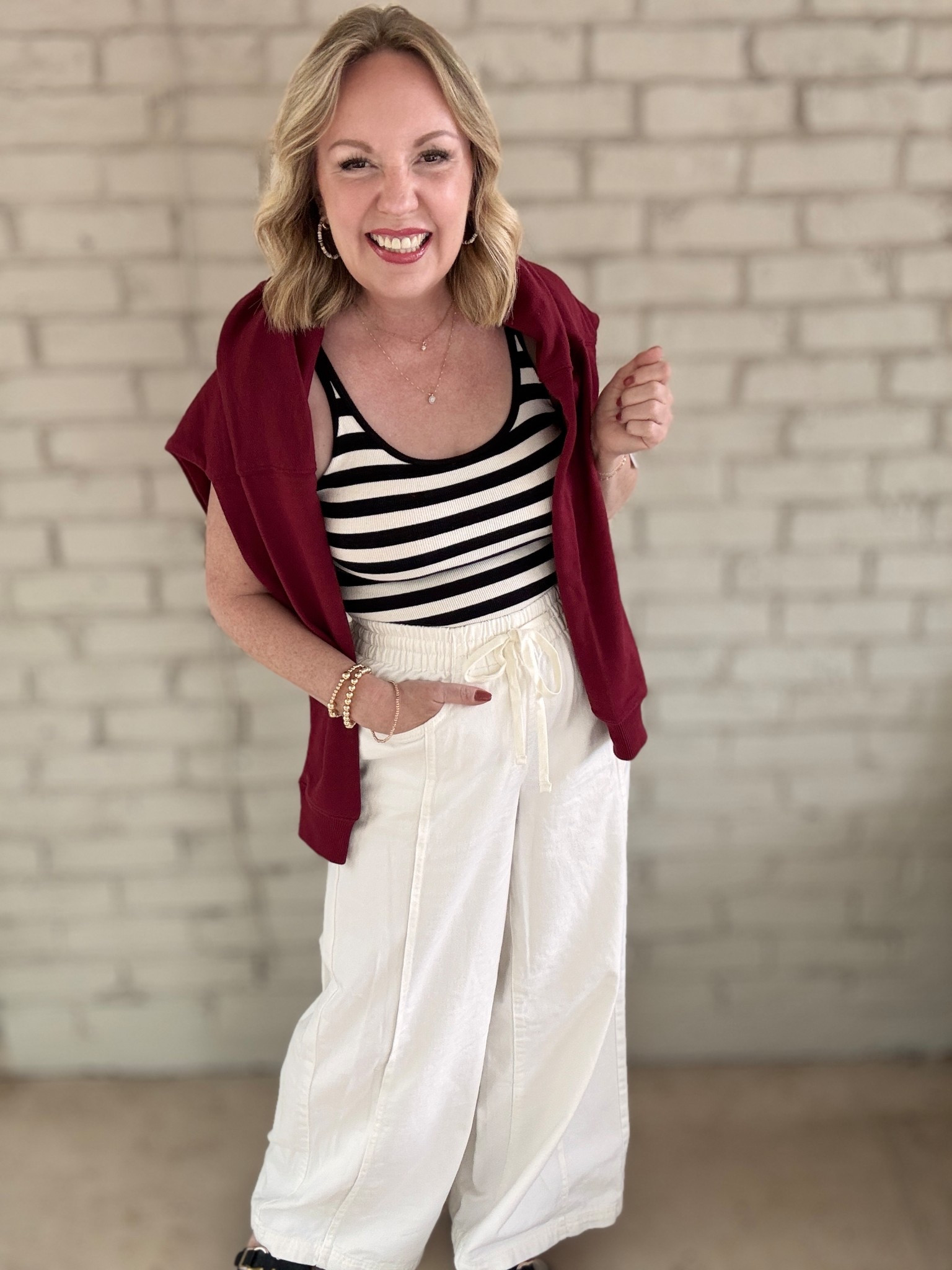 Medium tops; small pants 

#LTKPetite #LTKSeasonal #LTKOver40