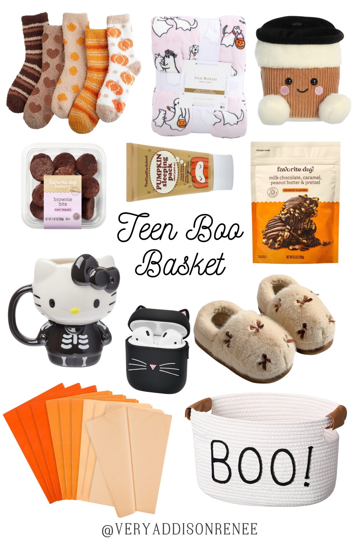 Teen Boo Basket Ideas 👻✨ This Halloween basket is packed with cozy and aesthetic finds — most from Target — that are perfect for teens, tweens, and besties. Whether you’re making a spooky surprise for your daughter, sister, or friend, these boo basket fillers are affordable, cute, and totally TikTok-inspired.

What’s inside:
🧦 Fuzzy fall socks (perfect for chilly nights)
🧸 Cozy slippers + ghost blanket
☕ Hello Kitty skeleton mug
🍫 Favorite Day snacks (brownie bites, chocolate clusters, caramel pretzel mix)
🎃 Pumpkin spice shea butter
📱 Cute AirPods case
🧺 Boo! Halloween basket

This is the ultimate Halloween gift basket idea for teens — cozy fall gifts, Target snacks, aesthetic accessories, and seasonal must-haves all in one. Perfect for spooky season 2025 🍂
#LTKGiftGuide

#LTKFindsUnder50 #LTKSeasonal #LTKU