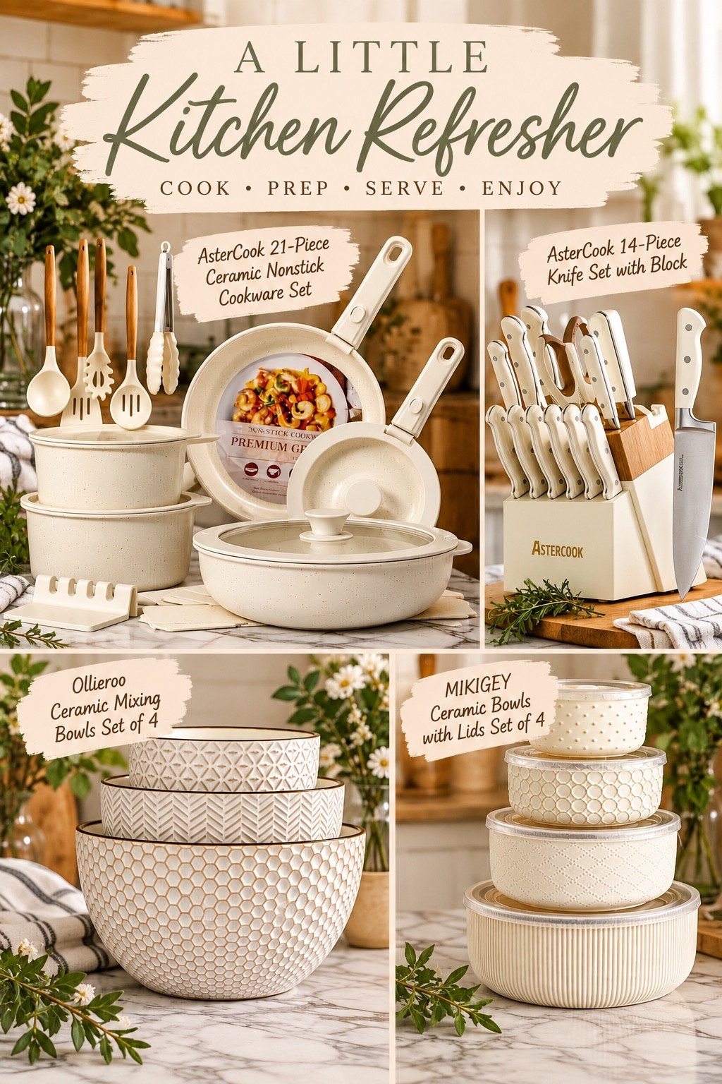 A little kitchen refresh.  I’m loving all the warm cream tones and textures together. New cookware, knives, mixing bowls + serving bowls that are just as pretty sitting out as they are functional. Linking everything here!

#LTKHome #LTKfoodie