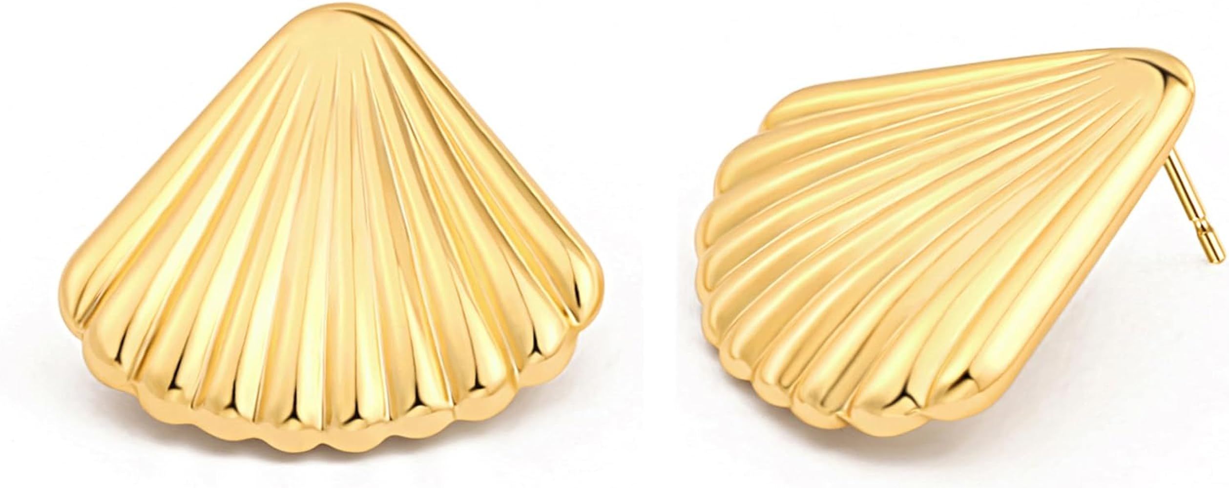 Statement 18k Gold Shell Earrings, Boho Beach Seashell Stud Earrings, Lightweight Big Geometric E... | Amazon (US)