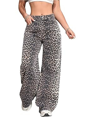 Floerns Women's Y2k Cheetah Print Wide Leg Jeans High Waisted Baggy Casual Denim Pants | Amazon (US)