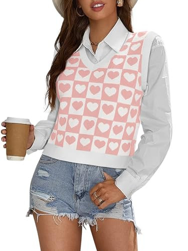 COCCKO Cute Heart Sweater with Love Print Valentine's Day Romantic Knitted 2026 Tops Casual V-Neck Sweater Pullover Pink M | Amazon (US)