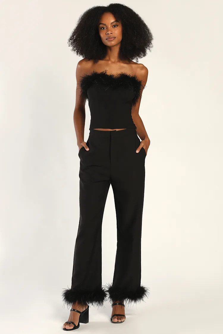 Flair for the Fabulous Black Feather Straight Leg Pants | Lulus (US)