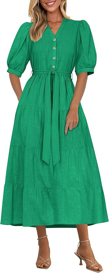 PRETTYGARDEN Women's Summer Midi Dress 2025 Casual Short Sleeve V Neck Buttons Belted Ruffle A Li... | Amazon (US)