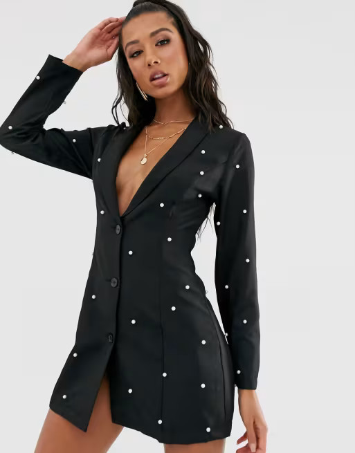 Saint Genies pearl embellished blazer dress in black | ASOS (Global)