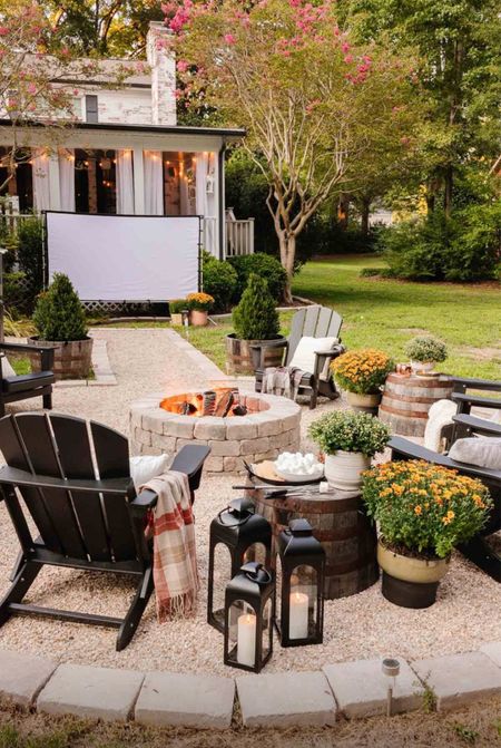 My favorite fall setting🤎 sitting around the fire pit and cozying up!

Walmart, Better Home and Gardens, black lanterns, whiskey barrel, planters, outdoor, fire pit 

#LTKSeasonal #LTKHoliday