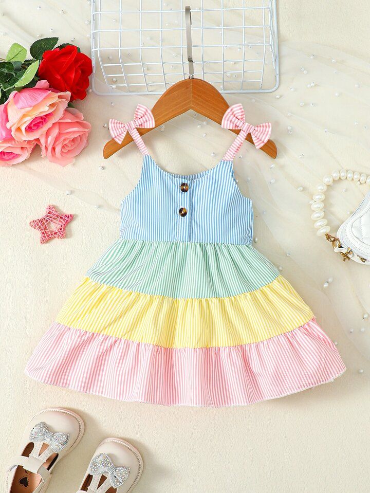 Baby Girl Striped Print Colorblock Bow Shoulder Ruffle Hem Cami Dress | SHEIN