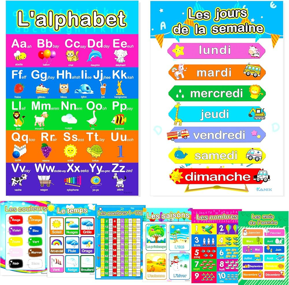 8 French Educational Preschool Posters Alphabet Numbers Colours Months Seasons Shapes Weather Day... | Amazon (CA)