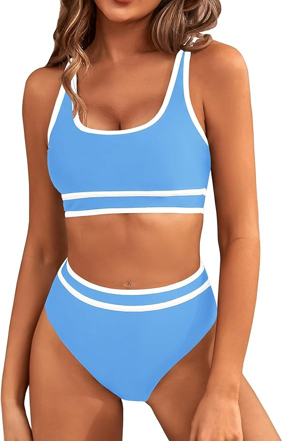 BMJL Women's High Waisted Bikini Sets Sporty Two Piece Swimsuits Color Block Cheeky High Cut Bath... | Amazon (US)