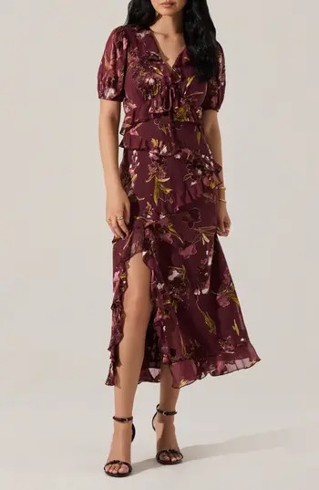 ASTR the Label Bennet Floral Tiered Dress in Wine Floral at Nordstrom Rack, Size Small | Nordstrom Rack
