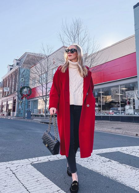 Red coat, holiday outfit, winter style, cable knit sweater, black jeans, Gucci loafers 

#LTKHoliday #LTKSeasonal #LTKstyletip