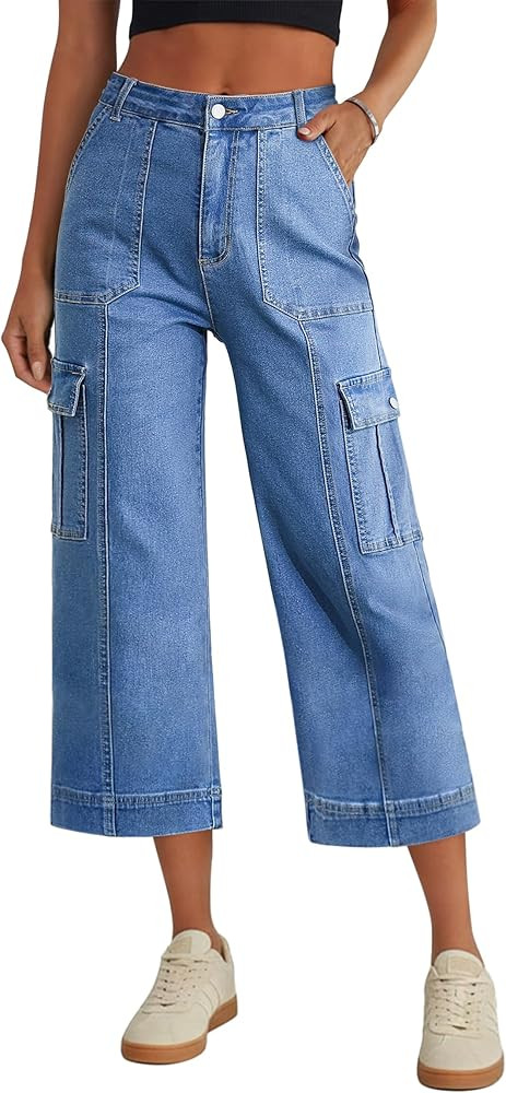 Eddoyee Cargo Capri Pants for Women High Waisted 6 Pockets Stretchy Straight Wide Leg Cropped Hik... | Amazon (US)
