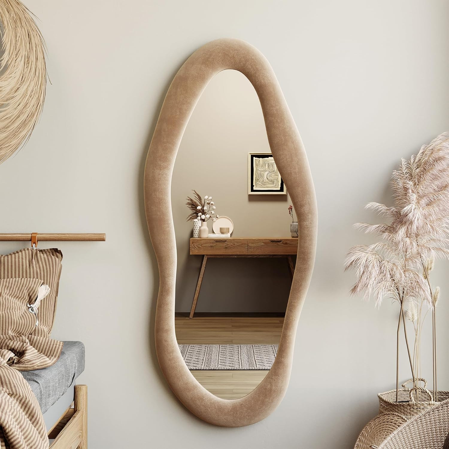 Honyee 55" x 24" Wall Mirror, Flannel Wrapped Wooden Frame Wavy Mirror, Irregular Mirror Hanging ... | Amazon (US)