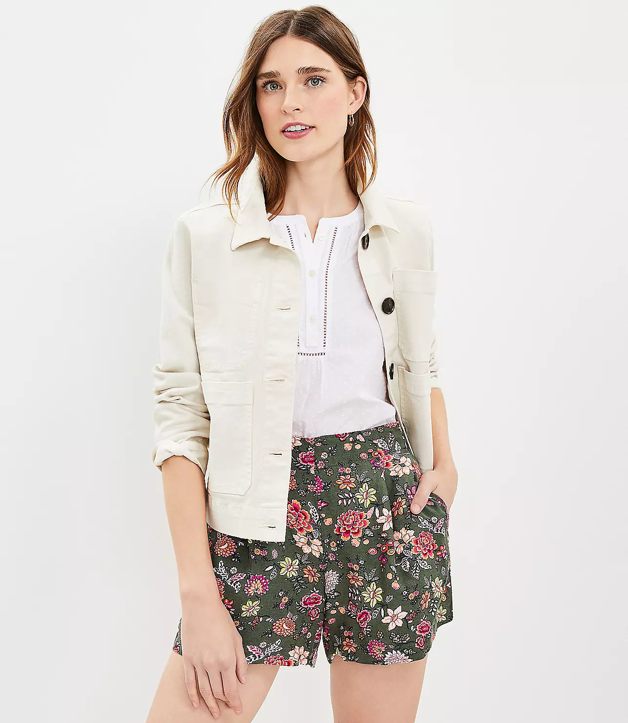 Pleated Pull On Shorts in Country Garden Linen Blend | LOFT