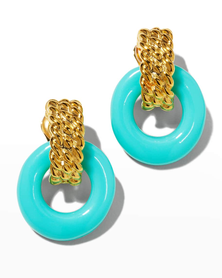 Kenneth Jay Lane Gold Top and Turquoise Bottom Doorknocker Clip Earrings | Neiman Marcus