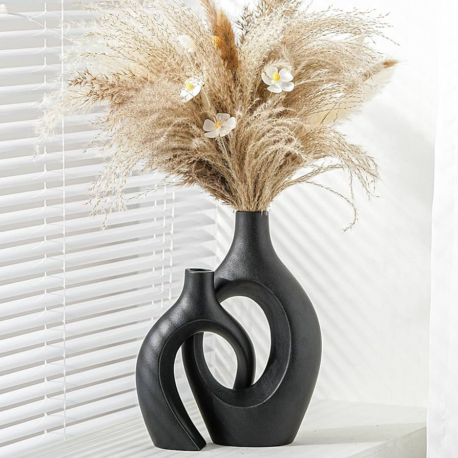 XL Black Ceramic Vase Set of 2 for Modern Home Decor, Neutral Boho Round Donut Pampas Grass Vases... | Amazon (US)