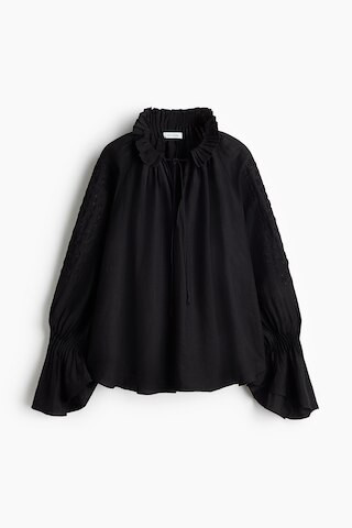H & M - Embroidered linen-blend blouse - Black | H&M (UK, MY, IN, SG, PH, TW, HK)