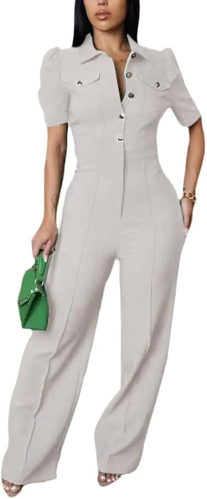 Women's fashionable, sexy, elegant, high waisted, wide leg pants, club business party button jump... | Amazon (US)