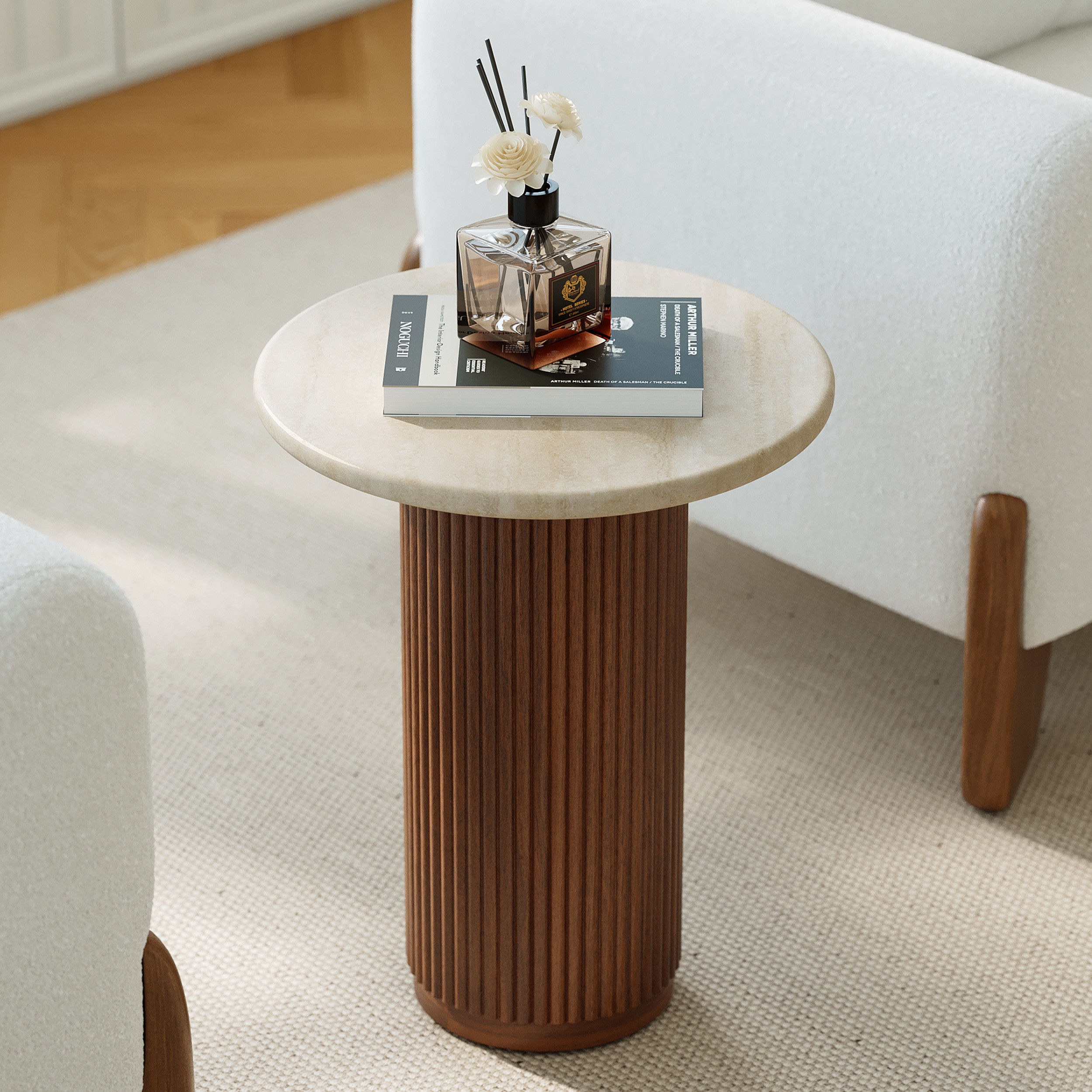 Faux Marble Round End Table Modern Side Table with Wood Base | Homary