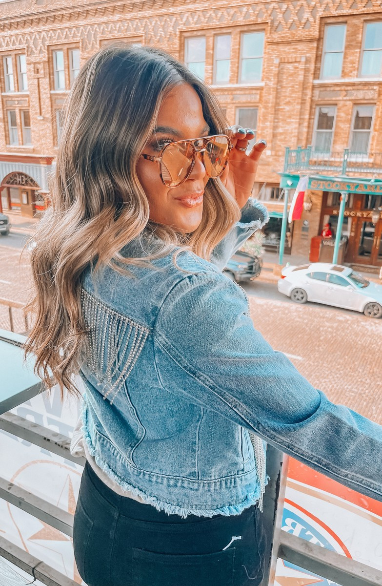 PRE-ORDER: Total Knockout Moto Rhinestone Fringe Denim Jacket | Apricot Lane Boutique