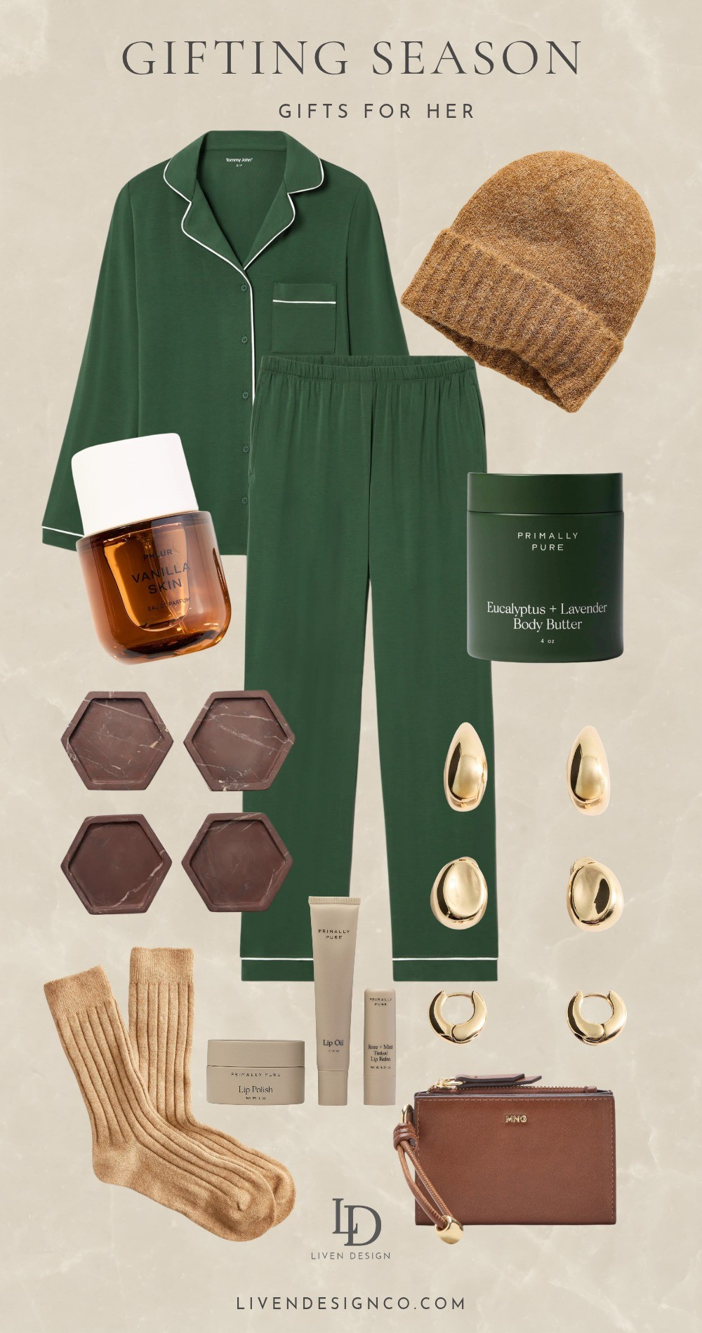 Gift guide. Green pajama set. Beanie. Beauty Gift. Perfume. Body butter. Primally pure. Socks. Coasters. Earrings. Wallet 

#LTKGiftGuide #LTKHoliday #LTKSaleAlert