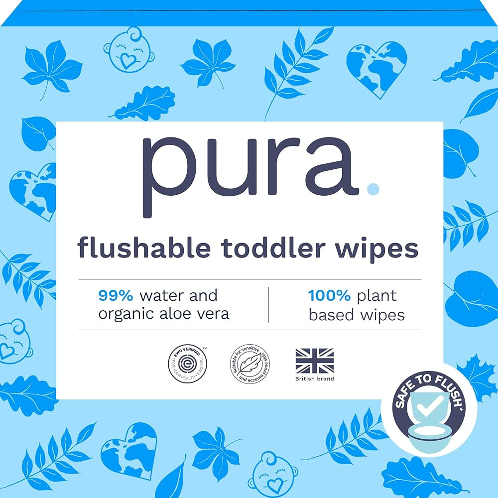 Pura Flushable Toddler Wipes 10 x 60 Wipes (600 Wipes), 100% Plastic Free, 99% Water, Hypoallerge... | Amazon (US)