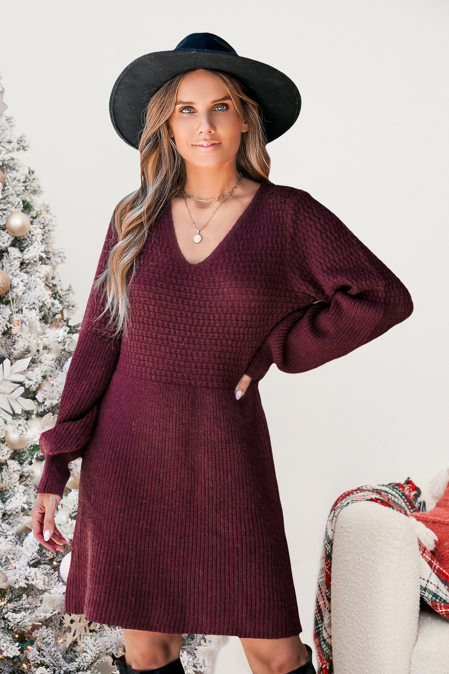 Red V-Neck Gigot Sleeve Sweater Dress | Cupshe US