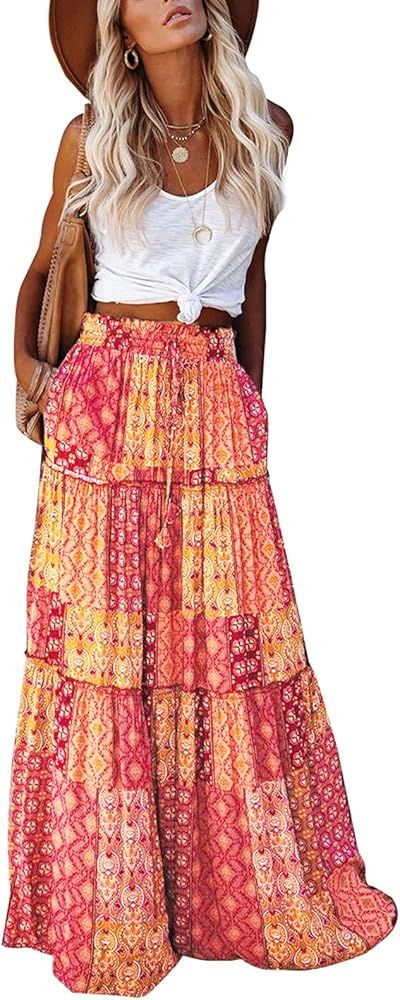 Happy Sailed Womens Floral Print Boho Maxi Skirt Elastic High Waist Pleated Ruffle Flowy Long Ski... | Amazon (US)