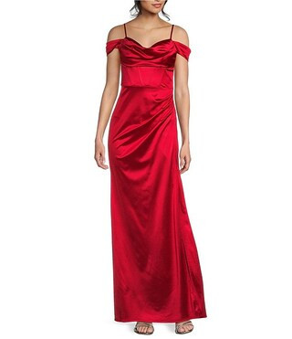 Off-The-Shoulder Corset Wrap Side Slit Long Dress | Dillard's